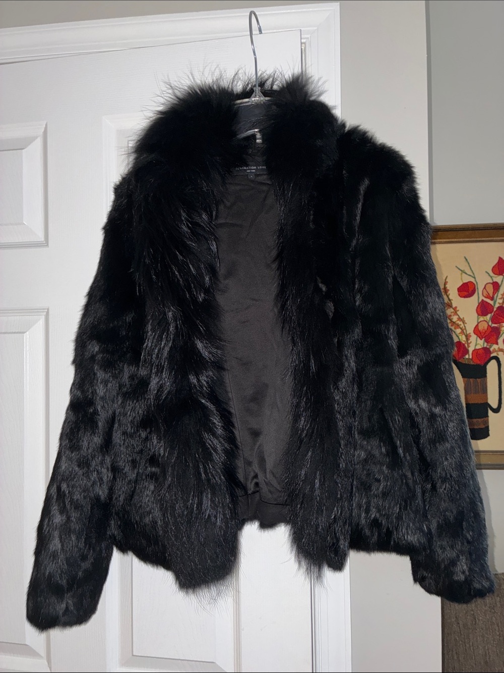 100% Genuine Rabbit Fur Coat with Removable Raccoon Collar Size Large